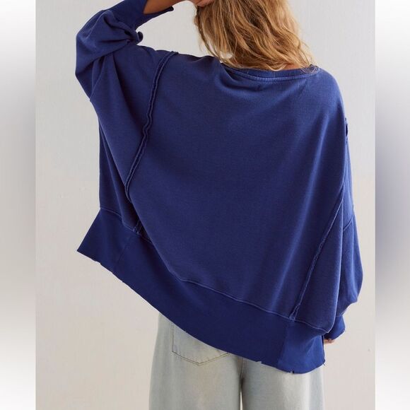 Free People We the Free Floral Graphic Camden Distressed Sweatshirt Blue NWOT - Picture 4 of 9